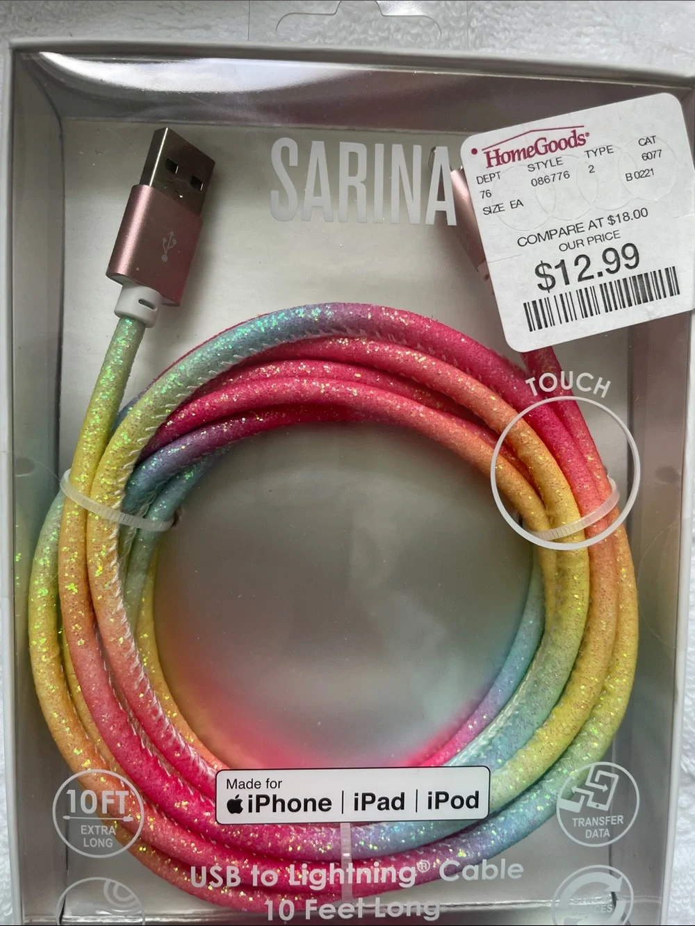 BRAND NEW Sarina Glitter Rainbow USB to Lightning Cable for iPhone - 10ft